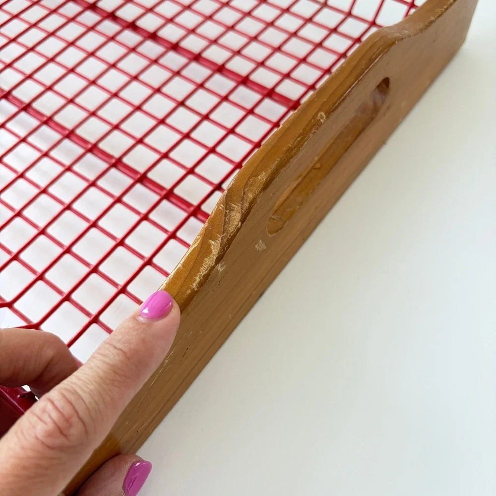 Vintage Red Wire Mesh Serving Tray Wooden Handles MCM Industrial Retro Grid